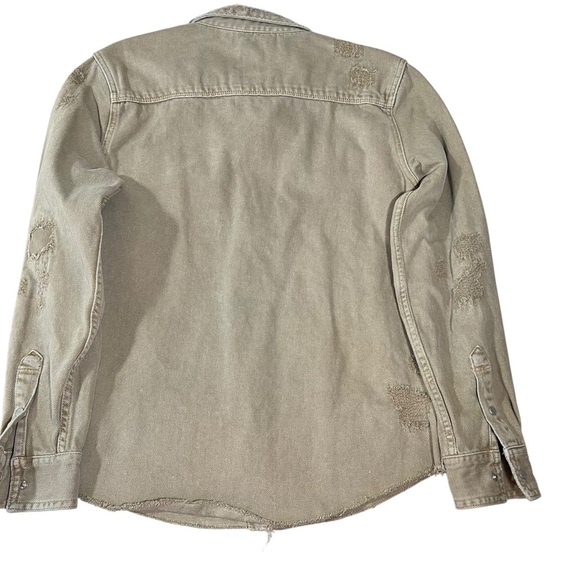 Zara Ripped Denim Overshirt Medium Khaki Shirt Jacket Distressed Denim Western - Picture 13 of 16